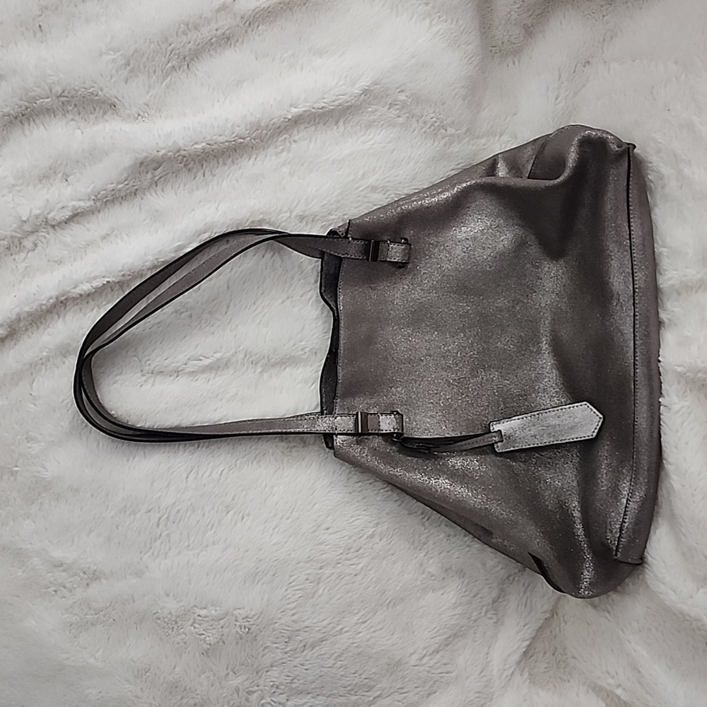 Antonio Melani Silver Glitter Leather Tote Shoulder Bag Purse